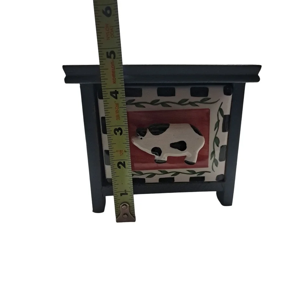 Wooden Spice Or Condiment Box w/Ceramic Cow Drawer Organizer Storage Cottagecore